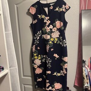 New York & Company Navy Floral Midi Sheath Dress with Pink and Yellow Blooms